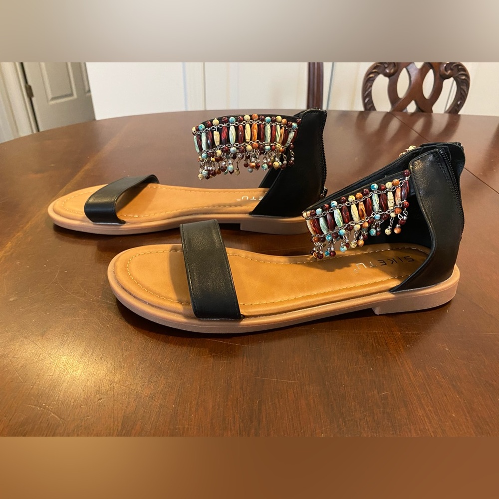 Sandals with multi-colored beads around ankle with heel zipper
